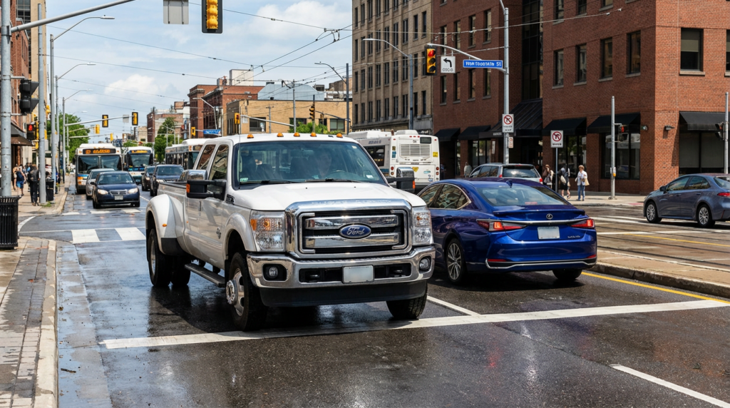 Juris digital a white F 350 and a blue Lexus sedan in an intersection c9a55ff0 92de 433a ae7c 2e7b9f21a46e 1