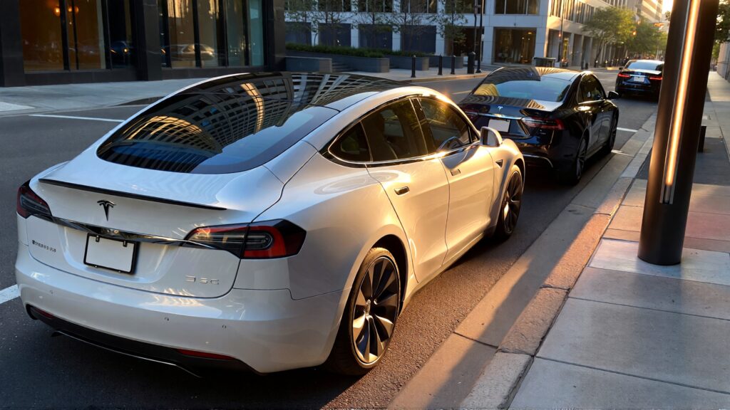 Juris digital a white Tesla and a dark colored car on the street 7d7151e8 a432 4137 8abb acefd8465705 1