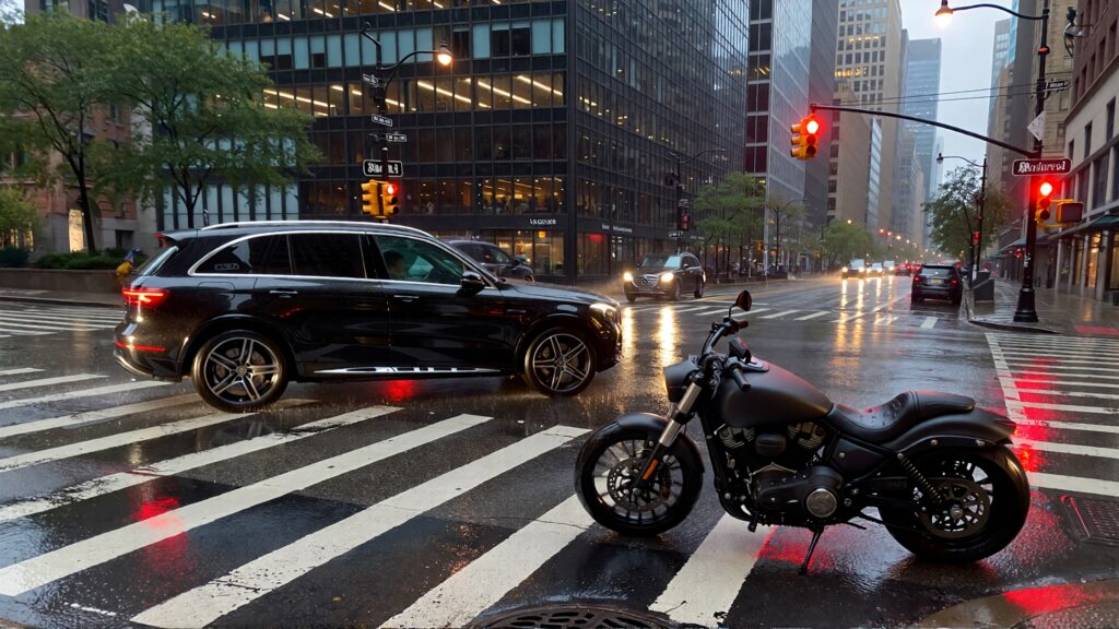 Juris digital motorcycle and a Mercedes SUV in an intersection b6ff6d17 2306 430b b6de bd50b9fd299a