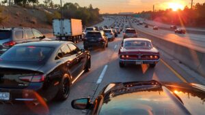Traffic jam during sunset on highway