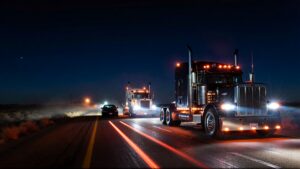 Two trucks and a car at night