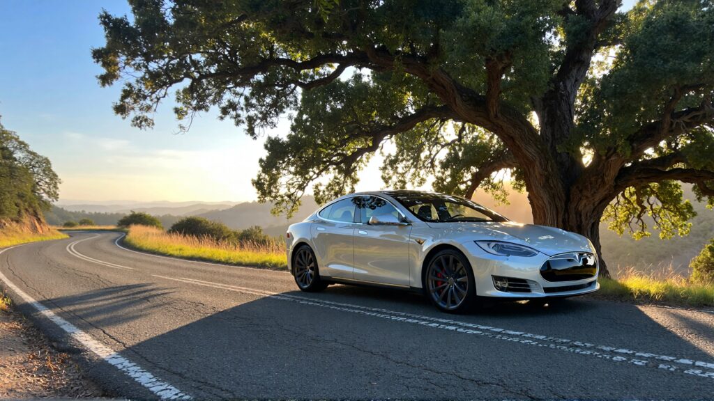 Juris digital a Tesla sedan near a tree on the highway in the afternoon e637a73f cb40 470a 9f10 55562b9a2f0c