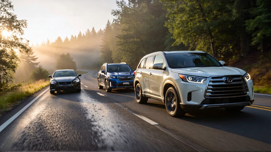 Juris digital a Toyota Highlander and a Subaru and a car on the road in the mor c494c94b afd5 4a72 9153 c6f079e1729d