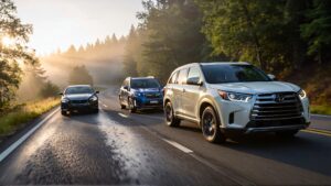 Three cars driving on a misty road