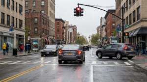Cars on a wet city street.