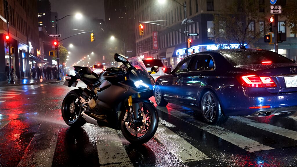 Juris digital a motorcycle and a car in an intersection at night time 6b2fa850 ff43 4b42 9eb2 0aecc6cc7366