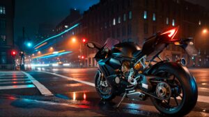 Motorcycle parked at night intersection.