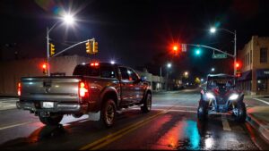 Pickup truck and ATV at intersection.
