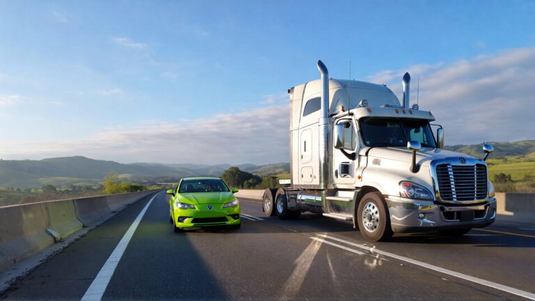 Juris Digital un cami&oacute;n de plataforma blanco y un peque&ntilde;o sed&aacute;n verde en la carretera 3a1d672e 6e2d 4d6a bef9 9da933043c42