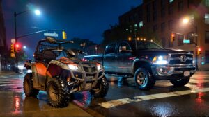 ATV and truck in rainy intersection