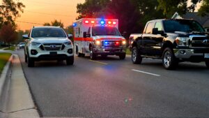 Emergency vehicles on suburban road.