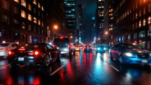 Cars driving on a rainy city street