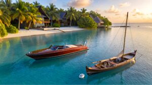 Two boats anchored in tranquil bay.