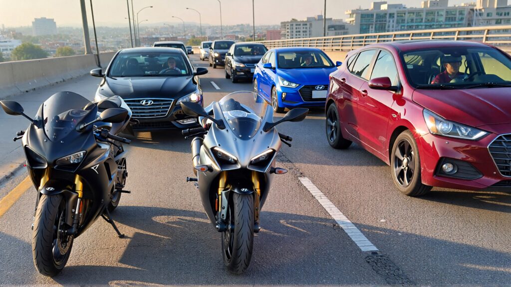 Juris digital two motorcycle a black sedan a blue Hyundai Elantra and a red 07693ddb 4c70 4d18 bc05 8d33ce0ab402