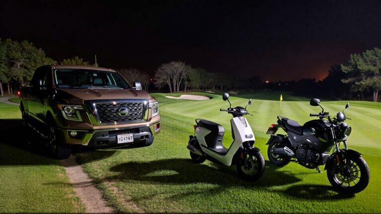 Juris digital a Nissan Titan pickup truck and two e motorcycle in a golf course 8f57f75a 4a23 45cd 8d2e 29861e5340eb