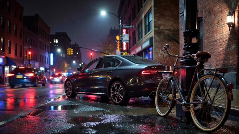 Juris digital a bicycle and a car on the street at night e8733867 07af 4c3b a6c4 46af45292f54
