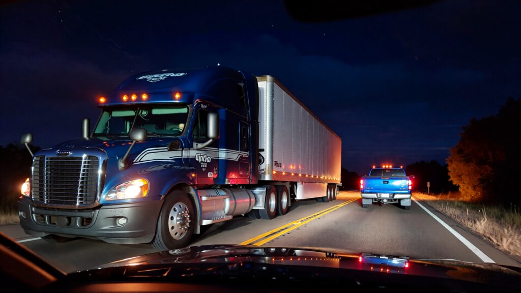 Juris digital a big rig and a pickup on the road at night 31640b99 2bda 4c3f af63 dcd255eda9da
