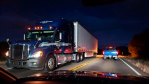 Big rig and pickup truck at night