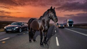 Horse standing on a busy highway.