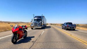 Motorcycle, truck, and pickup on highway.