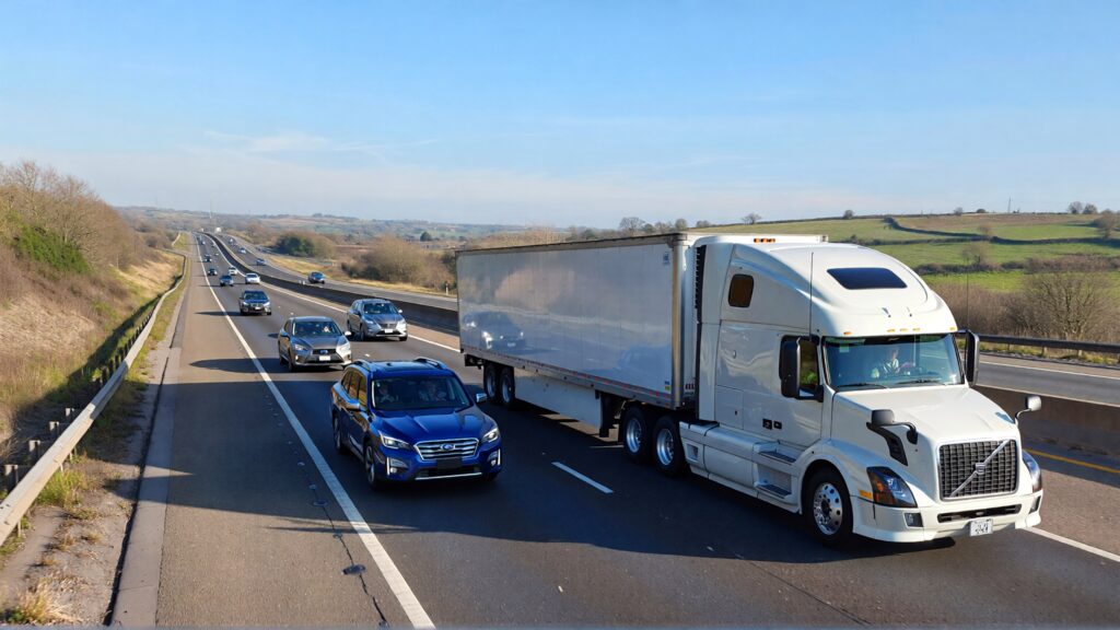 Juris digital a white Volvo semi truck a blue Subaru and a car on the highway 7d563d4d 1d56 4cd9 9672 3e89e7458b0a