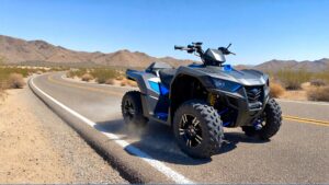 ATV parked on desert road.