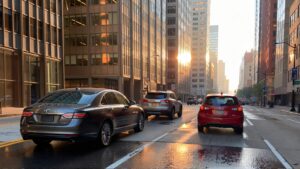 Cars driving on a city road.