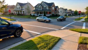 Two cars at residential intersection.