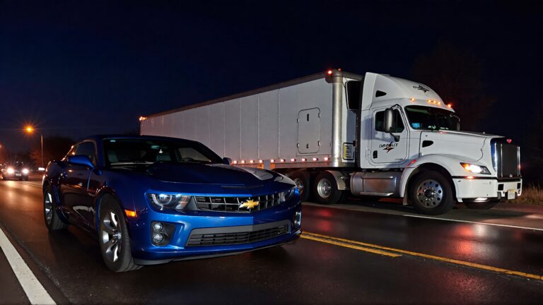 Juris Digital Chevrolet Camaro y un cami&oacute;n de gran tama&ntilde;o en la carretera de noche 57b83cbd 1534 4190 b8a5 322207a00345