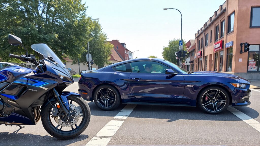 Juris digital a Ford Mustang and a motorcycle on a street intersection a2fb2317 984c 49da adfb 29934fade57b