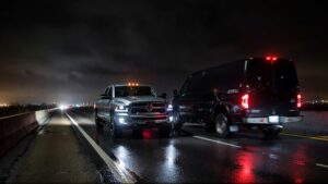 Two vehicles on a wet road.