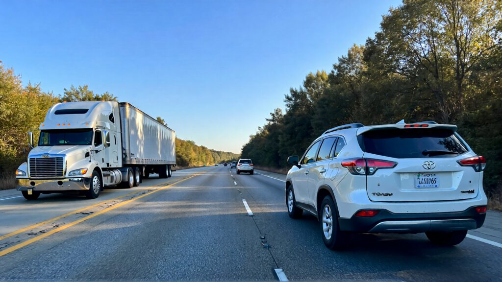 Juris digital a white semi truck and a white Toyota Crossover SUV on the road i a7f0c1fc 26cc 4c1f ba73 7300273af3c1
