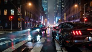 Two cars in a rainy city intersection.
