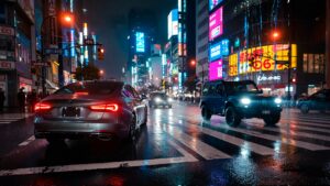 Autos en una intersecci&oacute;n de la ciudad iluminada con luces de ne&oacute;n.