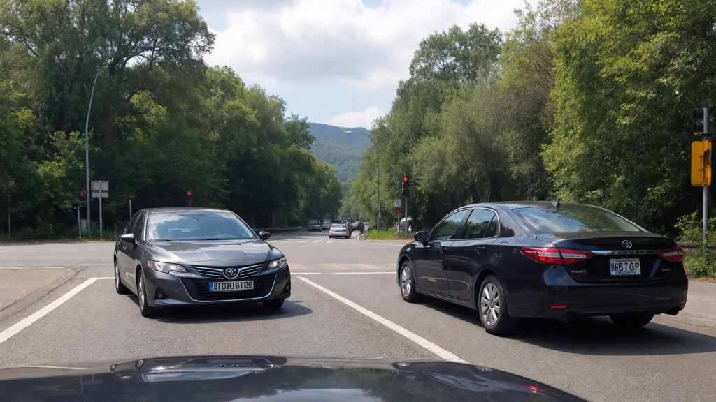 Samantha parian a Toyota sedan and a Nissan sedan in a road intersection e713b099 3c8b 4a40 a464 c11f2fdb49cf