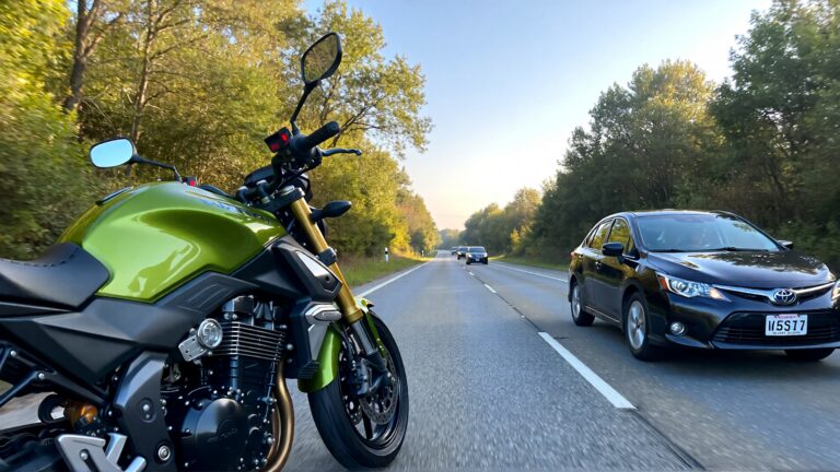Motorcycle beside cars on highway.