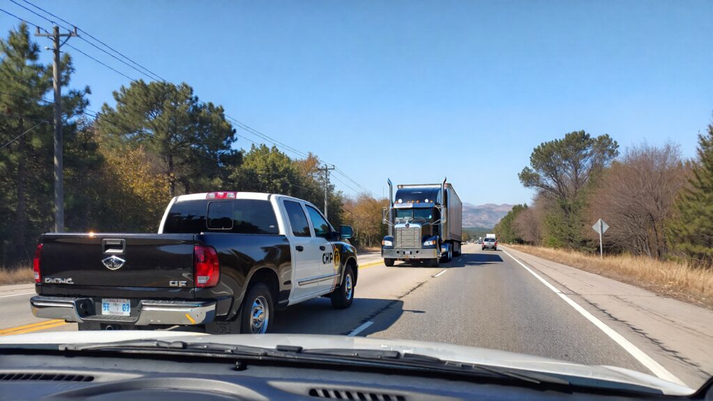 Samantha parian a CHP pickup truck and a big rig on the road e406f0cd 3f15 4a52 8159 306e6b2add8f