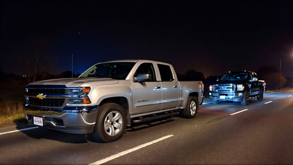 Samantha parian a Chevrolet Silverado and a Ford F150 on the road at night a6483813 3253 4164 844a 0dd9c6378e84
