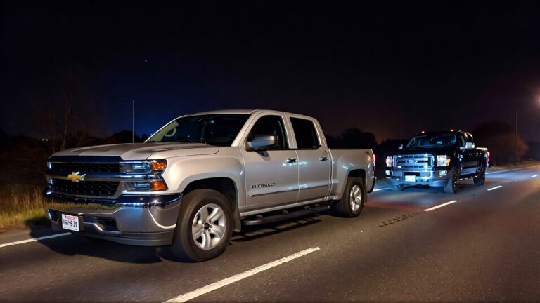 Two trucks driving on a dark road