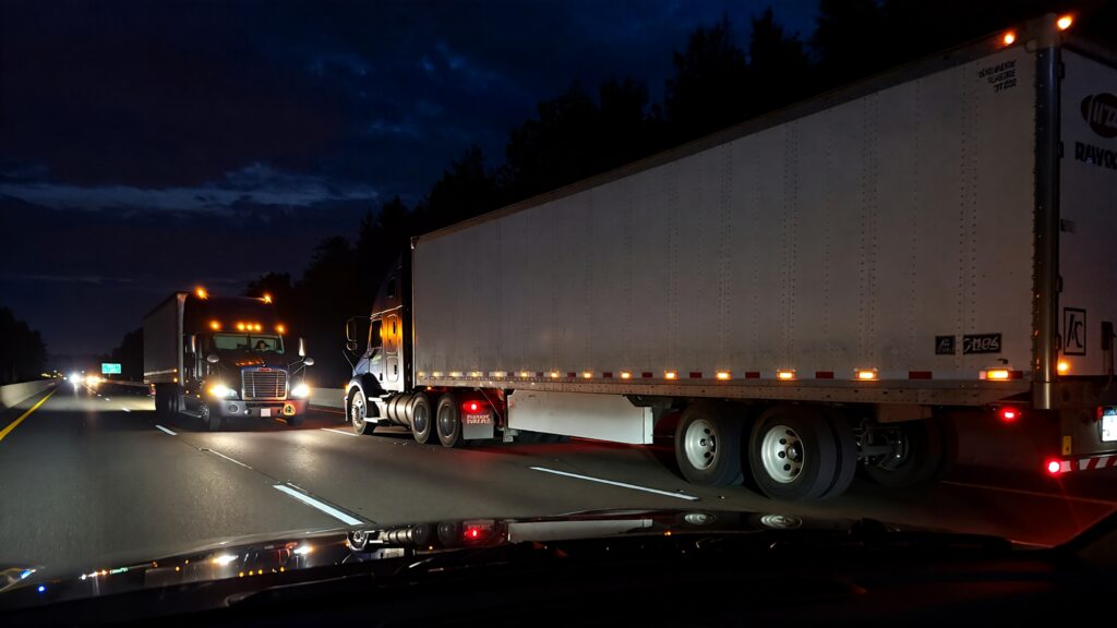 Two trucks on a dark highway