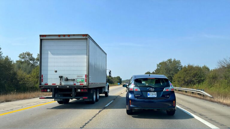 Box truck and Prius on highway