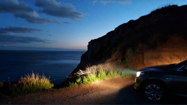 Car parked by cliff at dusk.