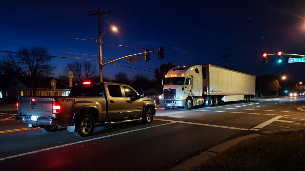 Samantha parian a pickup truck and a big rig on a road intersection at night e29e067c 203f 4c92 84e2 cbde689da43b