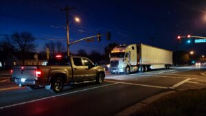 Pickup truck and big rig at intersection