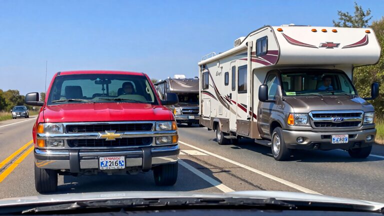 Red truck and RV on highway