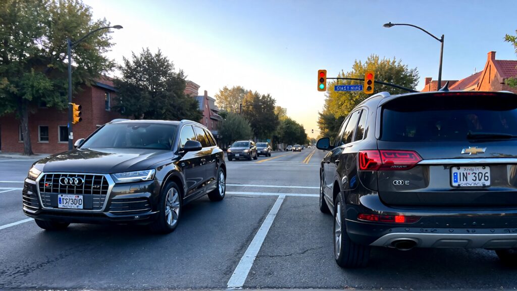 Samantha parian an Audi SUV and a Chevrolet SUV in a street intersection with tra 93fc73be 1d8c 4d24 9218 747dede1e18b