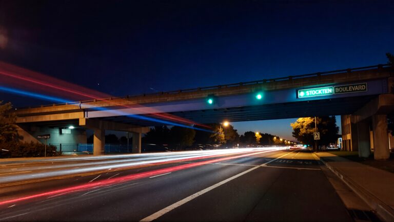 Overpass illuminated at night with traffic