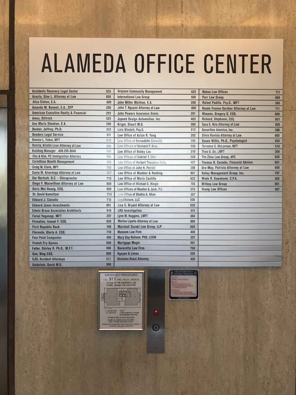 Alameda Office Center directory listing GJEL Accident Attorneys in Suite 511