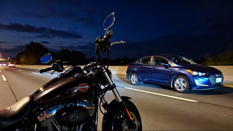 Motocicleta y automóvil en la autopista de noche