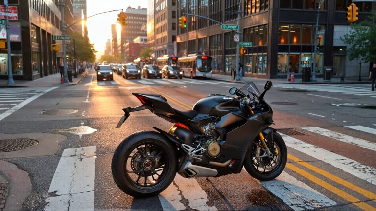 Motorcycle parked at city intersection.